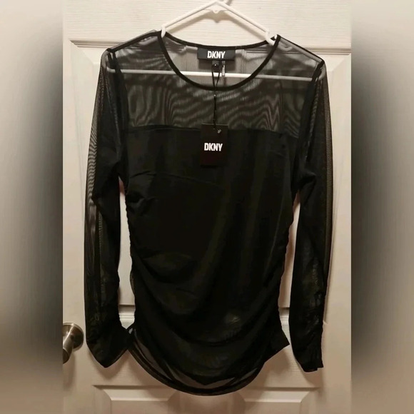 DKNY Mesh Sheer Top Gathered  Long Sleeve Lined Ruched Black size L - Picture 2 of 9